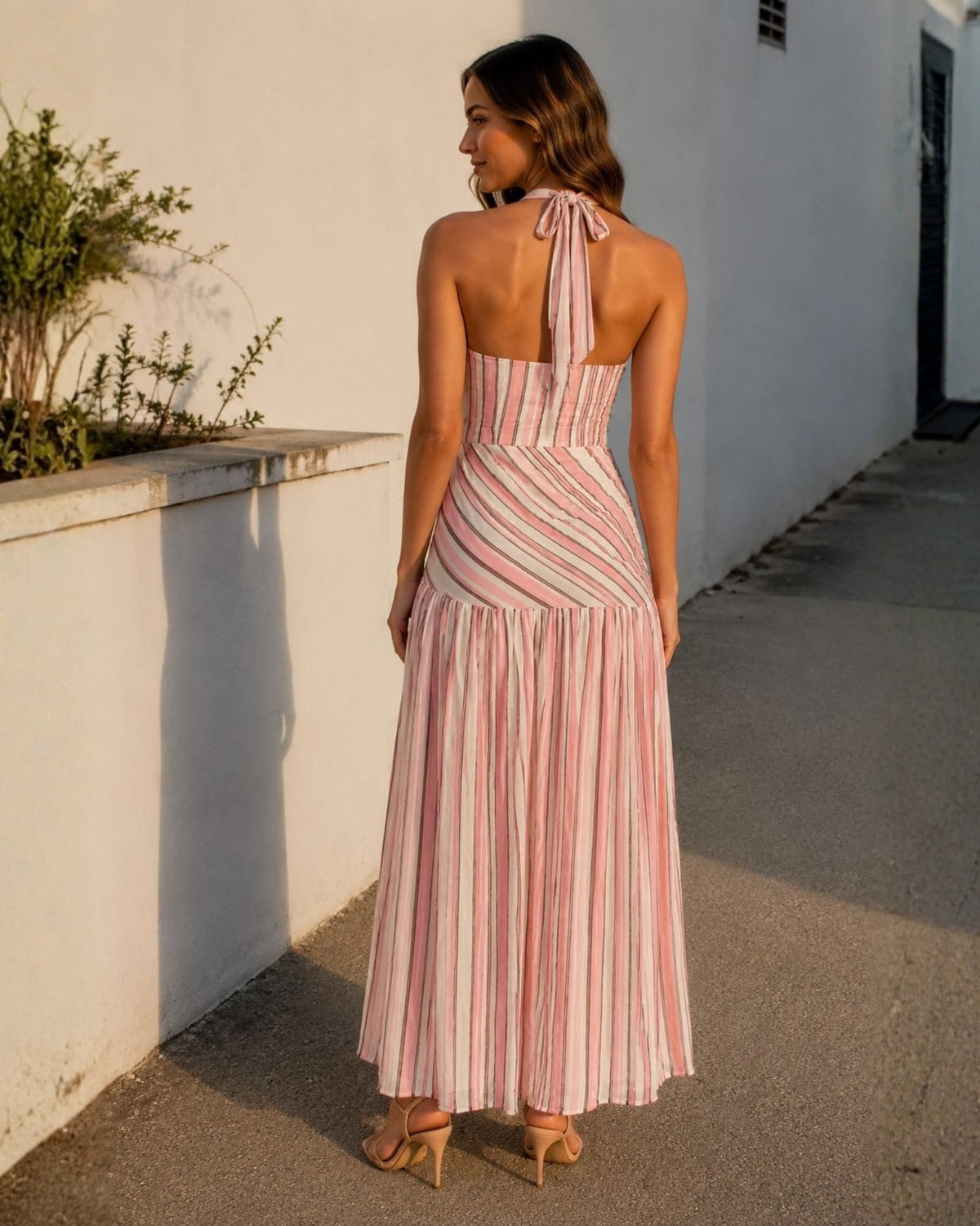 Katara Blush Stripe Tiered Maxi Dress