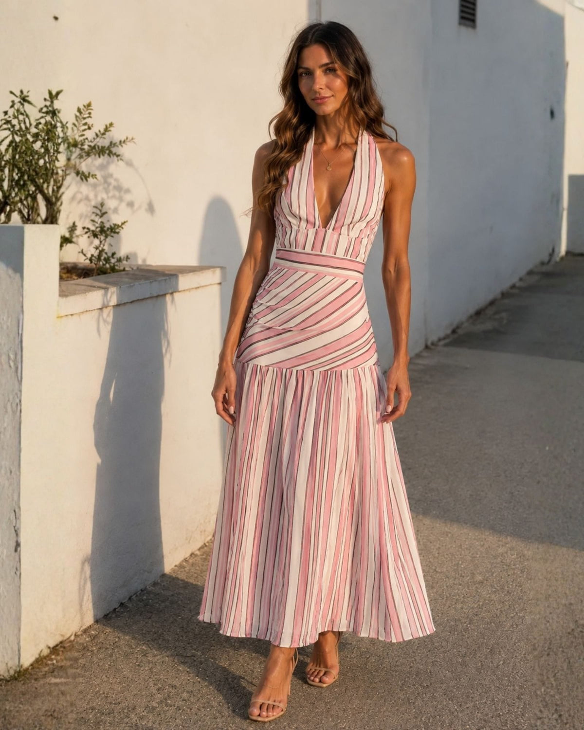 Katara Blush Stripe Tiered Maxi Dress
