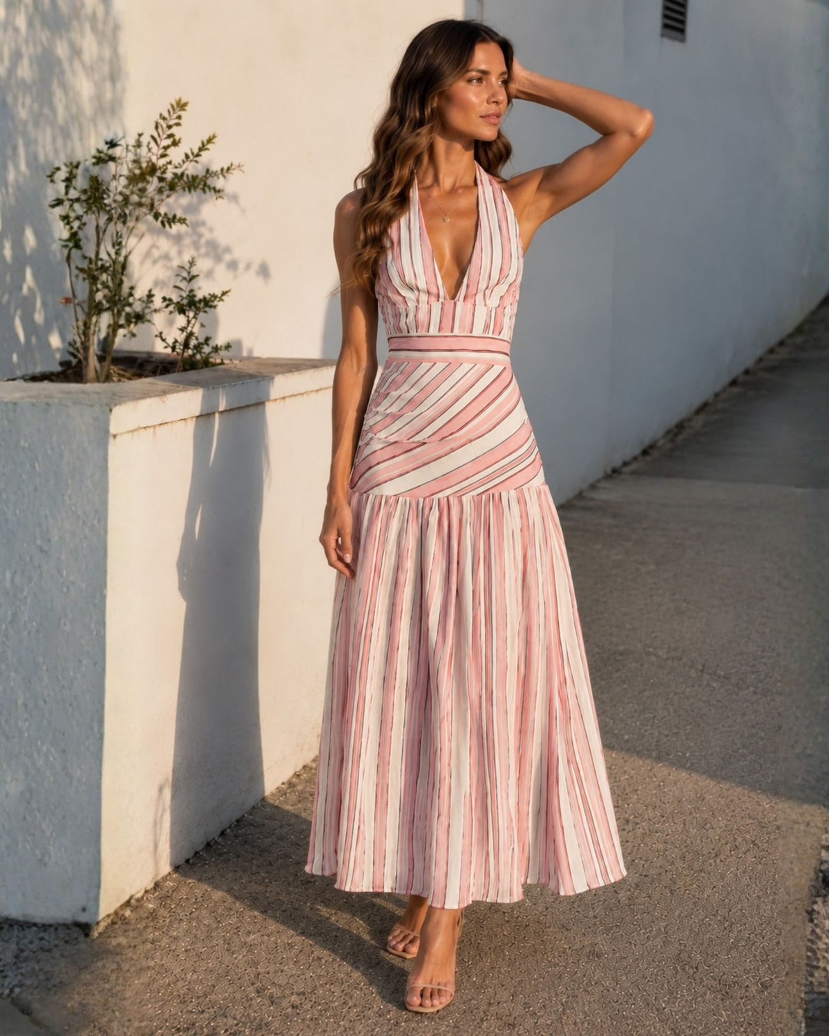 Katara Blush Stripe Tiered Maxi Dress