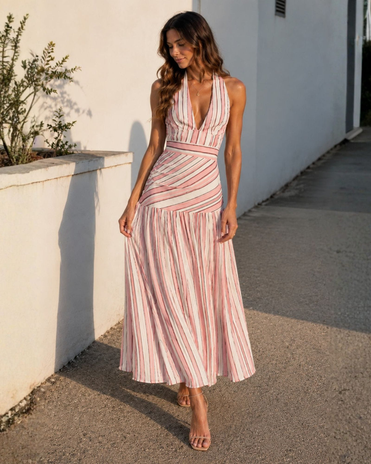 Katara Blush Stripe Tiered Maxi Dress