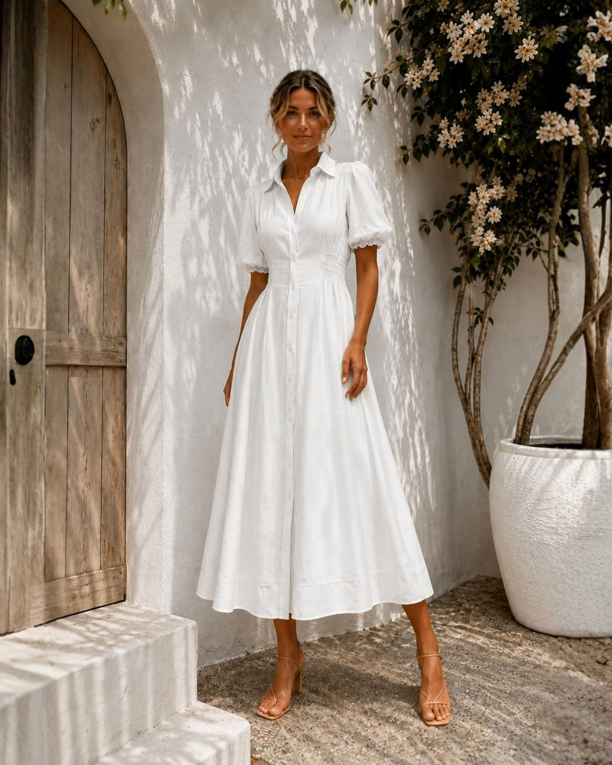 Neriessa White Button Front Midi Dress