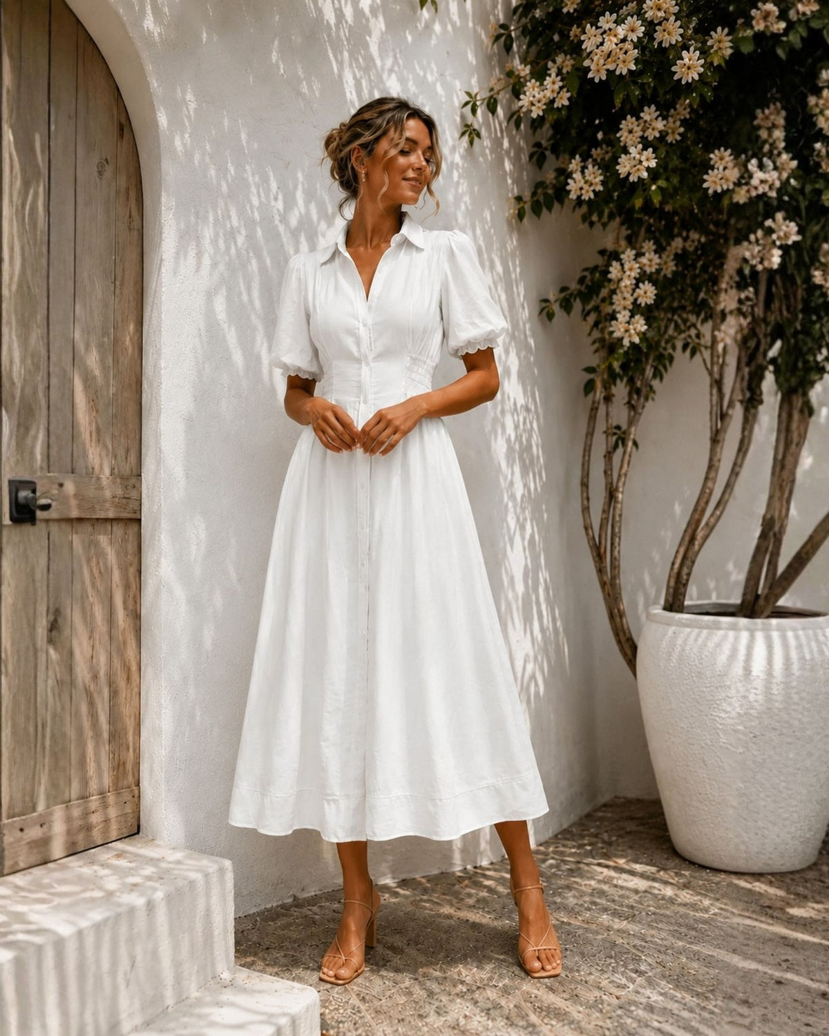 Neriessa White Button Front Midi Dress